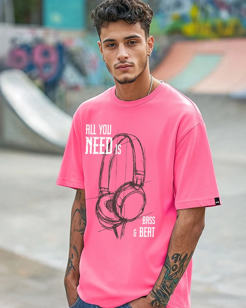 bewakoof Men's Fandango Pink Bass & Beat Graphic Printed Oversized T-shirt